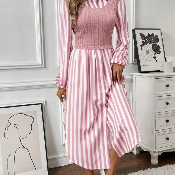 Pink Casual Women's Striped Midi Dress - Picture 4 of 6